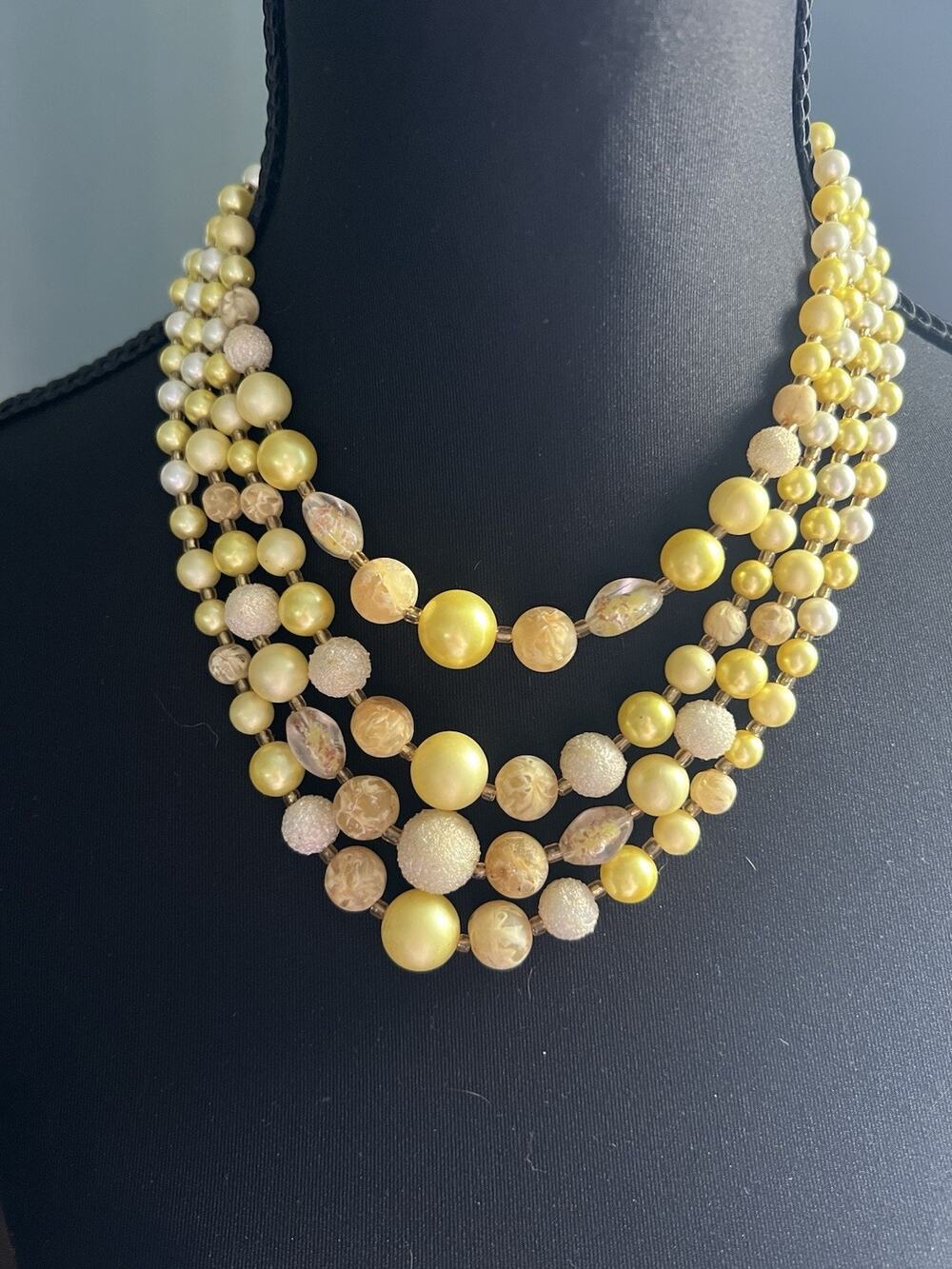 Vintage 1950’s Four Strand Yellow Sugared Cracked Bead Faux Pearl Necklace Japan